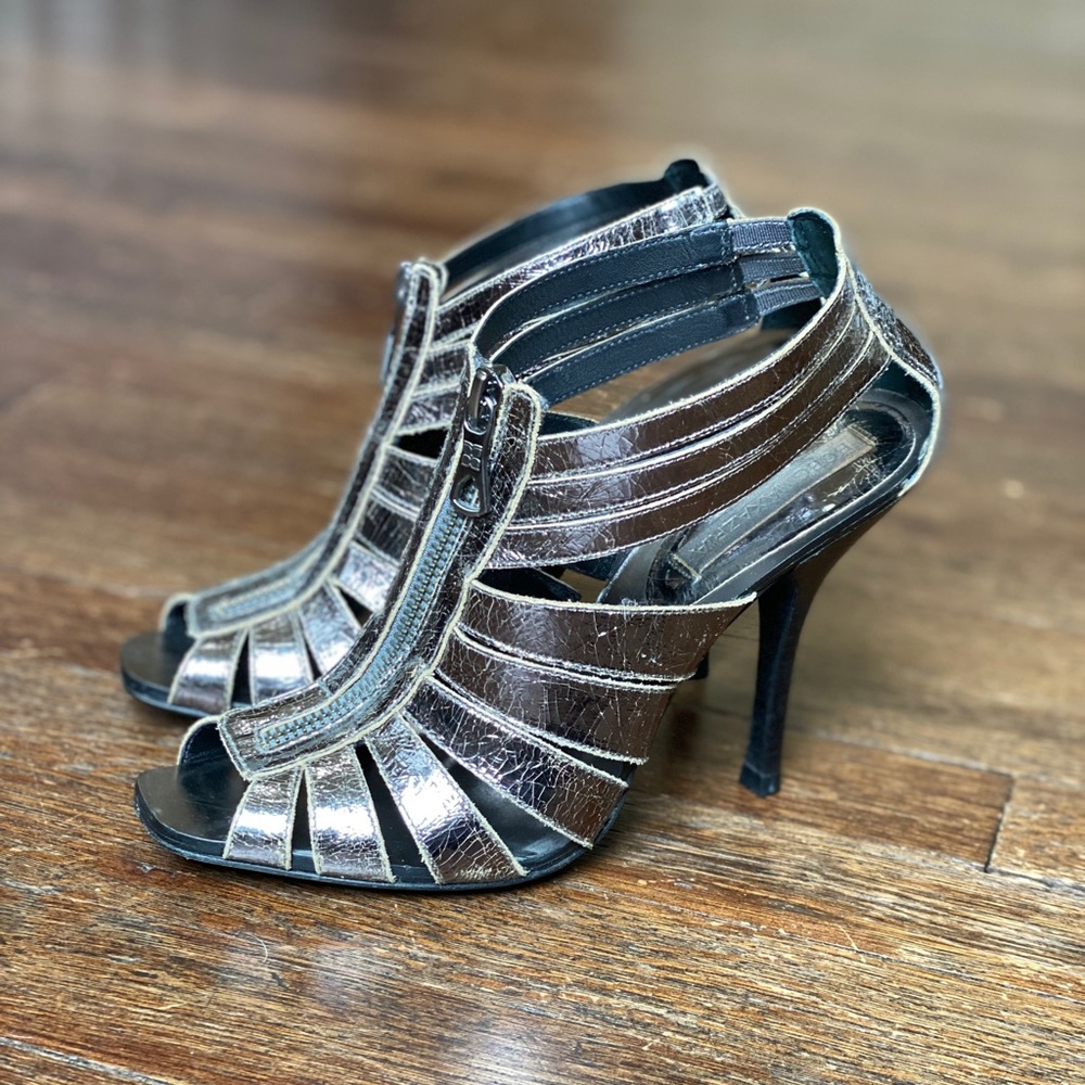 BCBG Caged Zipper Metallic Stiletto Heels
